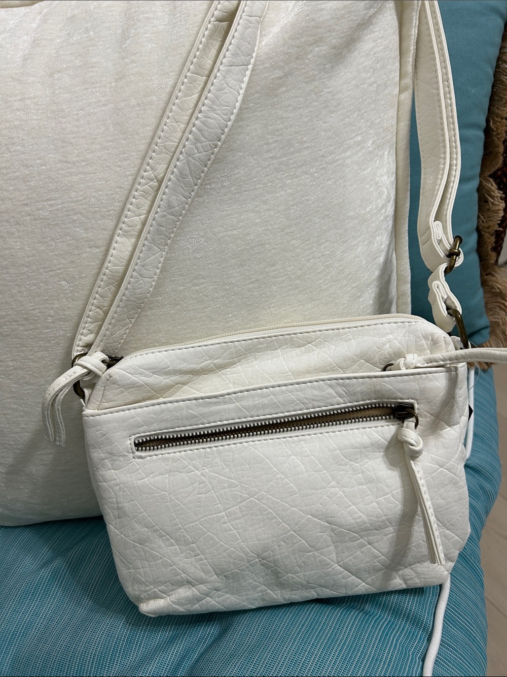 Cream Faux-Leather Crossbody Bag with Front Zip Pocket